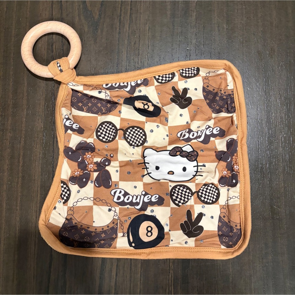 Boujee Hello Kitty Checkered Baby Lovey Security Blanket with Wooden‎ Teether